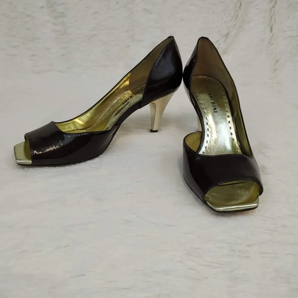 Gianni Bini Brown & Gold Open Toe Heels